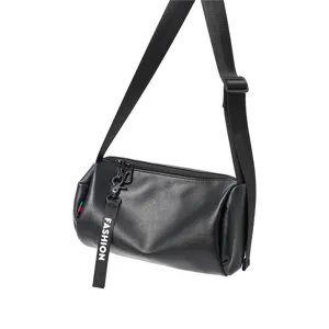 Black cylindrical crossbody bag, casual PU leather shoulder bag with adjustable strap.