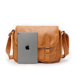 Vintage PU leather messenger bag for men and women casual shoulder crossbody bag brown