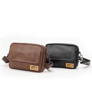Classic leather messenger bag for men and women, vintage square shoulder crossbody bag, casual design.