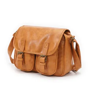 Vintage brown leather crossbody messenger bag for women casual shoulder satchel with front pockets