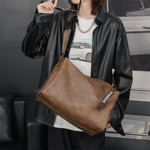 Men's large capacity messenger bag vintage leather casual shoulder crossbody bag detail view