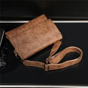 Men brown leather crossbody bag casual business messenger bag with adjustable shoulder strap