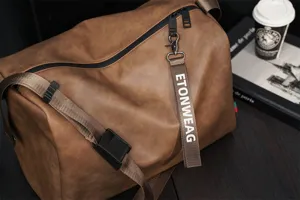 Large capacity brown PU leather shoulder messenger bag, casual travel bag for men.