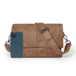 Men's large capacity brown shoulder bag business casual crossbody bag stylish daily detail view.