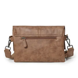 Men's brown crossbody bag back detail, featuring a secure zipper pocket and metal strap hooks.