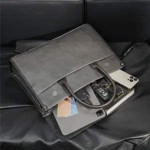 Large capacity men leather briefcase business laptop messenger bag premium detail view