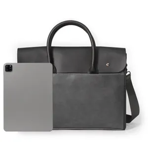 Men's leather business briefcase handbag shoulder bag with dual top handles and spacious design.