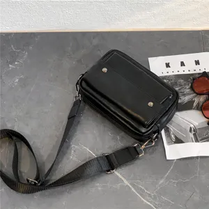 Men's fashion black leather crossbody bag casual shoulder bag with adjustable strap