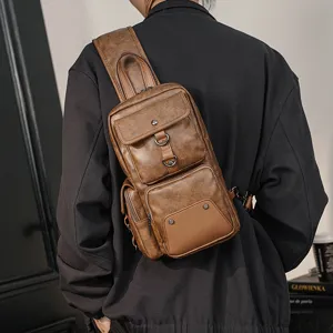 Men's vintage brown leather sling bag casual cross body chest bag stylish daypack