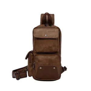 Brown PU leather men sling chest bag, multi-pocket design, adjustable strap, detailed view.