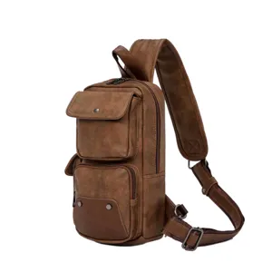 Men's retro leather sling bag casual chest backpack urban fashion crossbody bag details