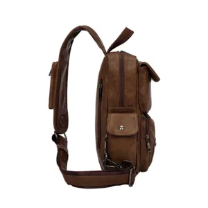 Detailed side view of brown PU leather men sling bag showing multi-pocket design and zippers.