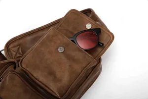 Men vintage leather chest bag casual sling backpack fashion shoulder crossbody bag detail view