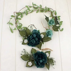 Bohemian artificial peony flower crown and matching hair accessory detail set for vacation.