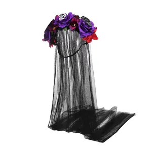 Halloween schedel roos sluier haarband, zwarte mesh gothisch haar accessoire feest.