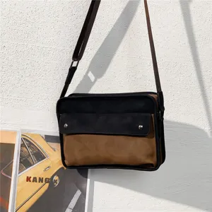 Detail shot of retro canvas messenger bag with contrast color and adjustable shoulder strap.