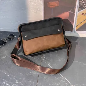 Detailed view of trendy retro messenger bag, color-block casual shoulder crossbody bag for men.