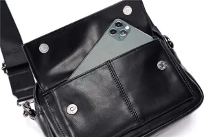 Men's black leather shoulder bag casual messenger bag with flap and phone pocket daily use