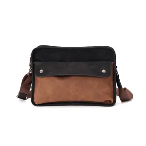Casual retro men messenger bag, black and brown color block crossbody shoulder bag.