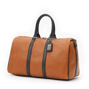 Large capacity men's vintage travel duffel bag brown PU leather luggage gym shoulder bag