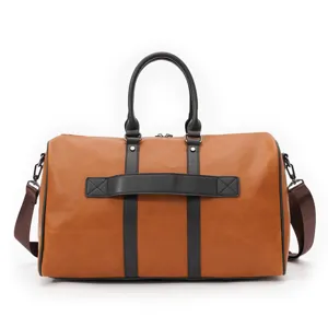 Mens large capacity retro travel duffel bag, brown leather with black handle and shoulder strap.