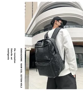 Zaino in pelle intrecciata nera da uomo, grande capacità, borsa da viaggio e scuola casual.