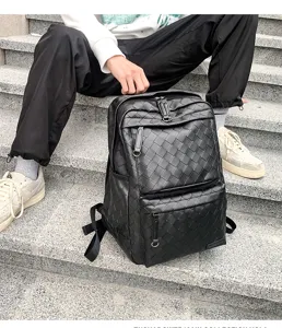 Zaino in pelle intrecciata classica per uomo, grande capacità viaggio casual.