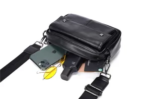 Black leather men crossbody bag detail, interior capacity display with daily essentials.