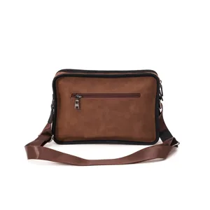 Men casual brown leather messenger bag with adjustable shoulder strap and zip pocket.