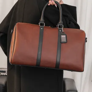Men Large Capacity Vintage Travel Duffel Bag Brown PU Leather Waterproof Business Luggage