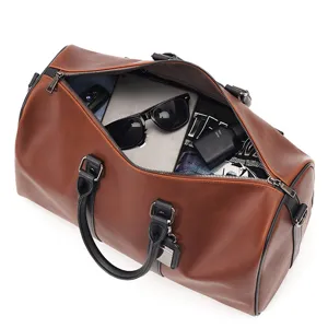 Large capacity men's travel duffel bag vintage PU leather sports gym shoulder luggage bag