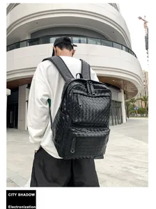 Zaino intrecciato nero da uomo, borsa casual di grande capacità per viaggi e scuola.
