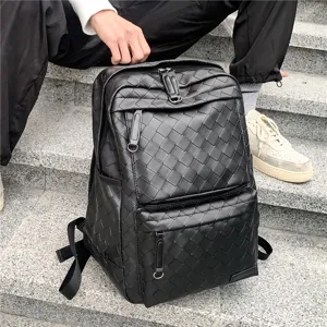 Zaino in pelle intrecciata nera da uomo, elegante borsa da viaggio e scuola capiente.