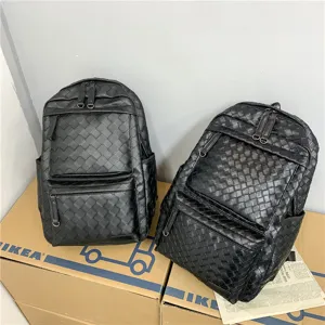 Zaino intrecciato in pelle nera, elegante viaggio casual grande capacità porta pc.