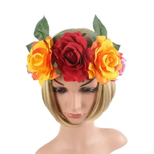 Halloween rose flower crown detail, colorful fabric floral headband for party costume.