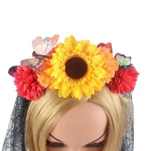 Serre-tête de fleurs d'Halloween avec tournesols papillons et voile noir pour fête.