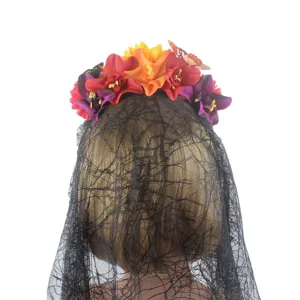 Serre-tête couronne de fleurs Halloween avec voile noir pour fête et soirée costumée.