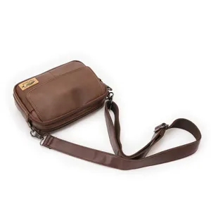 Vintage brown PU leather crossbody bag for men, multi-zipper casual messenger shoulder bag.