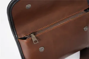 Brown PU leather crossbody bag detail, vintage style messenger bag with zipper and snap.