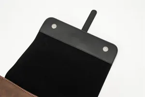 Men vintage PU leather backpack flap detail, black velvet interior, magnetic snap.