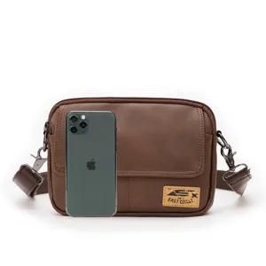 Brown leather crossbody bag retro messenger bag casual shoulder bag for men and women daily use