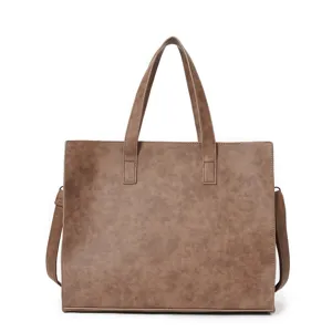 Brown PU leather tote bag detail, featuring durable handles and zipper closure for daily use.