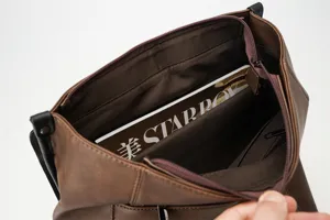 Men retro PU leather backpack interior detail showing large capacity storage and zipper pockets.