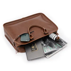 Vintage leather briefcase for men, stylish business laptop bag and messenger bag.