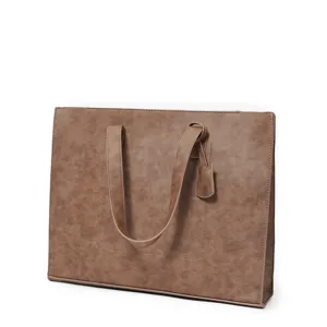 Brown PU leather tote bag detail, retro texture, sturdy double handles and neat zipper design.