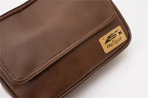 Vintage brown PU leather messenger bag for men, casual crossbody shoulder bag with flap.