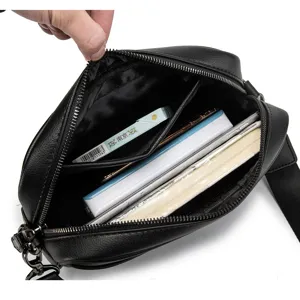 Men black PU leather crossbody bag detail shot, showing interior large capacity compartments.
