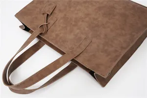 Brown PU leather tote bag vintage style shoulder handbag for daily commute casual wear office.