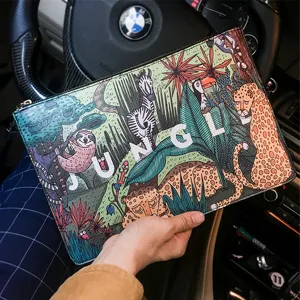 Men PU Leather Clutch Bag Large Capacity Envelope Bag Waterproof Jungle Animal Print Street Casual Document Handbag