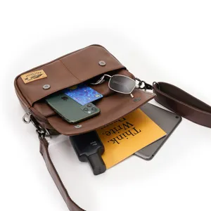 Men vintage PU leather messenger bag casual shoulder crossbody bag with multi compartments